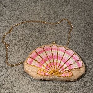 Issac Mizrahi Pink Shell Embroidered Straw Clutch with Gold Chain